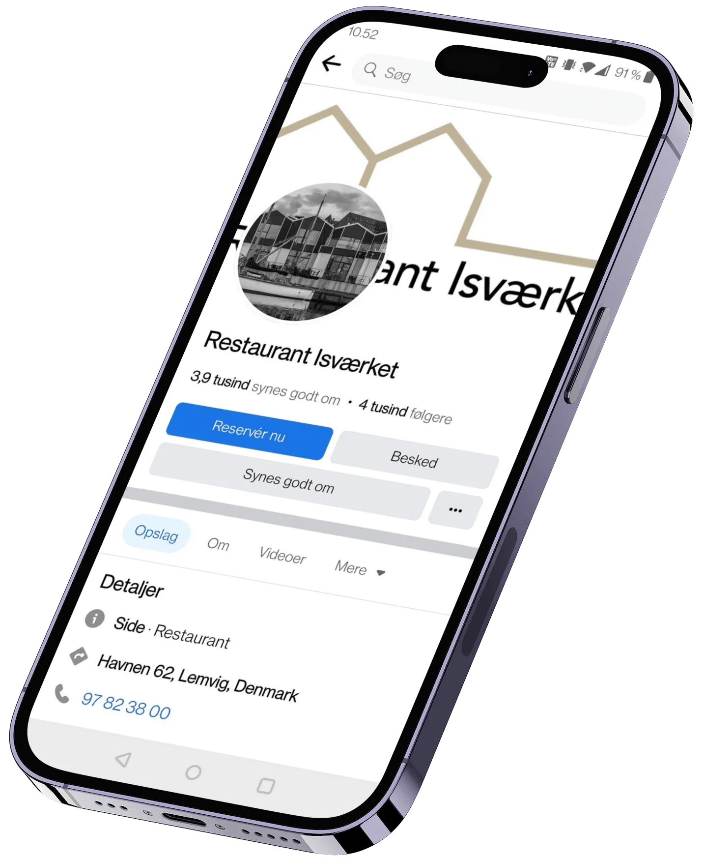 Restaurant Isværket Facebook-side på smartphone